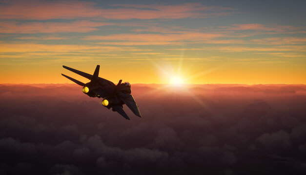 A fighter jet flying into the sunrise